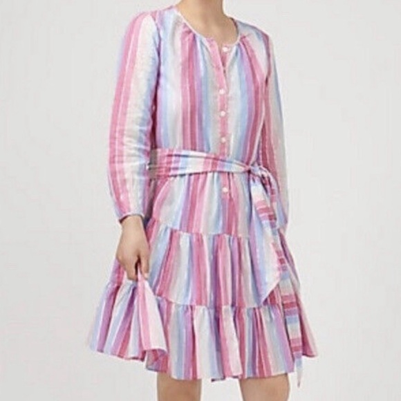J. Crew Belted Button-Up Dress in Pastel Stripes Pink Blue - Picture 2 of 7